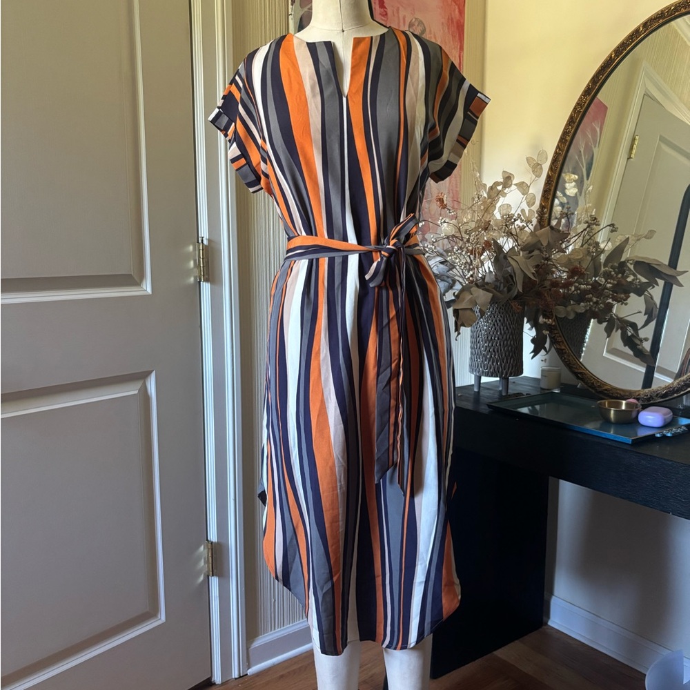 Chic Striped Midi Dress in Orange and Blue
